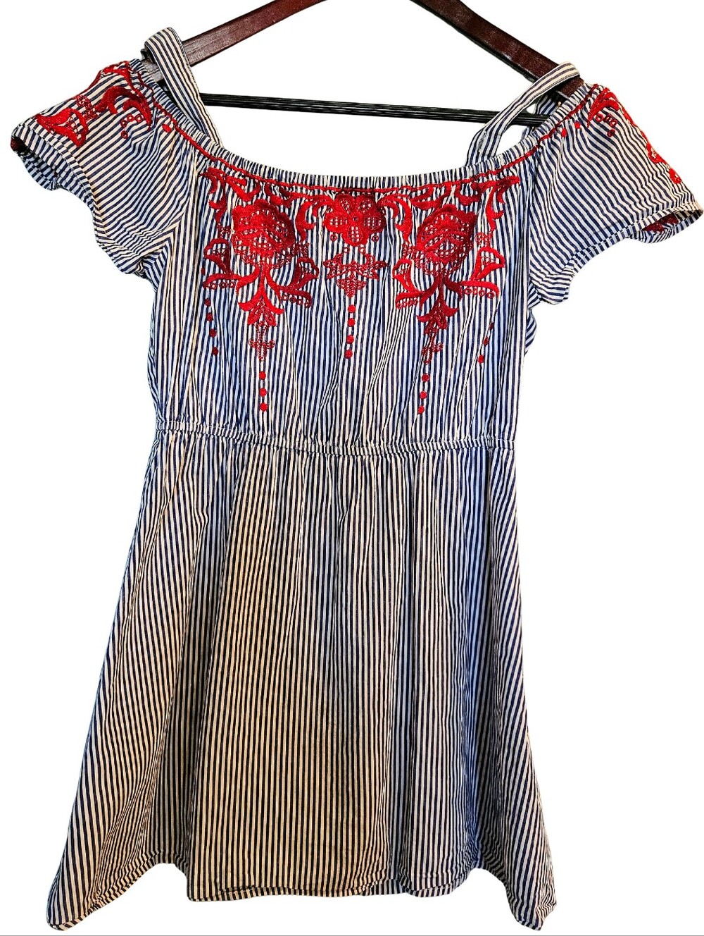 Striped Off-Shoulder Mini Dress with Red Floral Embroidery